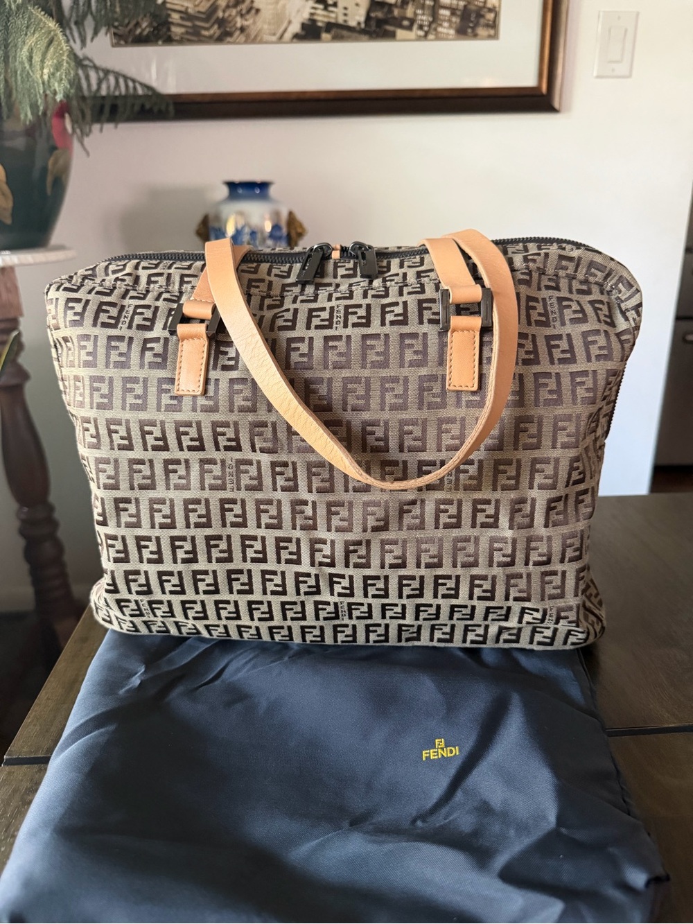 Authentic Fendi Zucca FF Monogram Medium Zip Tote Canvas Leather Shoulder Bag